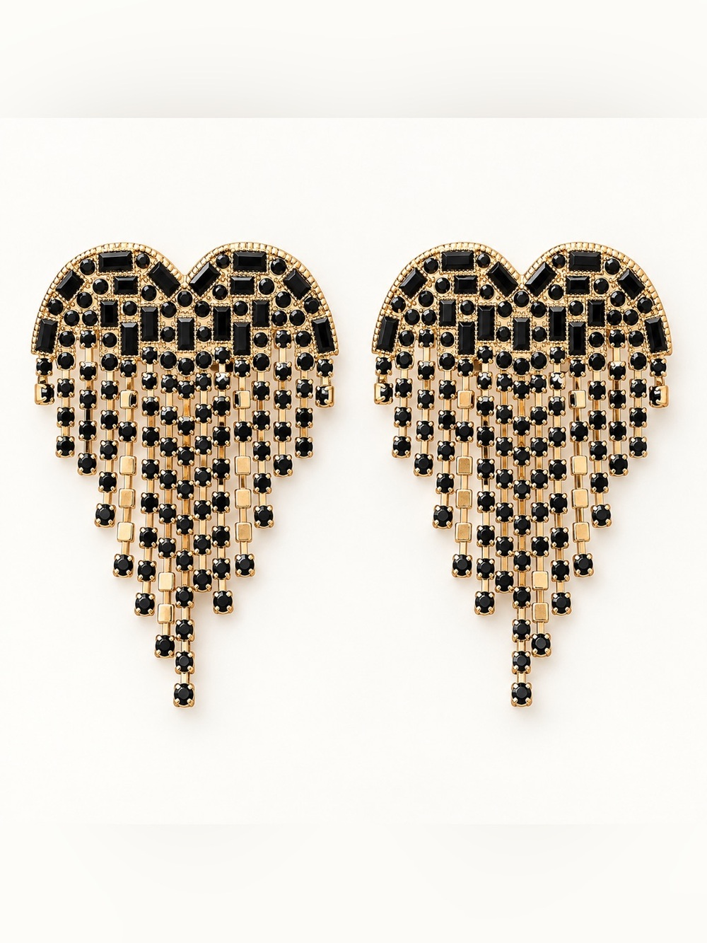 Gold Tone Black Crystal Fringe Statement Earrings